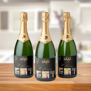 90th birthday party black gold cheers photo script sparkling wine label