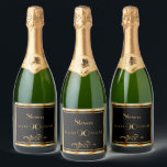 90th birthday party black gold name guy man sparkling wine label<br><div class="desc">A wine or sparkling wine bottle label for an elegant black and gold themed 90th birthday party. Templates for a name, age 90, date of birth and date of the anniversary. Golden coloured letters. Black background colour and a faux gold frame. With classic swirl decor. You can change the background...</div>