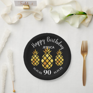 90th Birthday party black gold pineapples name Paper Plate
