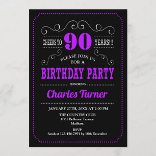 90th Birthday Party - Black Purple Invitation