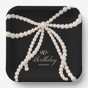 90th Birthday Party Black White Pearl Bow Elegant Paper Plate