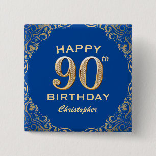 90th Birthday Party Blue and Gold Glitter Frame 15 Cm Square Badge