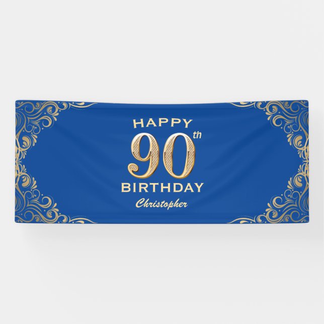 90th Birthday Party Blue and Gold Glitter Frame Banner (Horizontal)