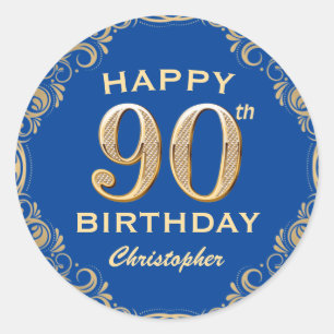 90th Birthday Party Blue and Gold Glitter Frame Classic Round Sticker