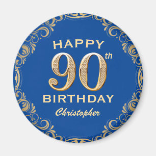 90th Birthday Party Blue and Gold Glitter Frame Magnet