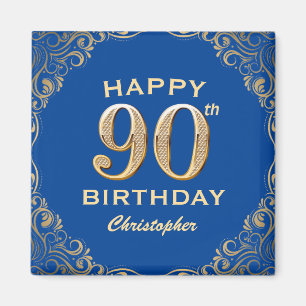 90th Birthday Party Blue and Gold Glitter Frame Magnet