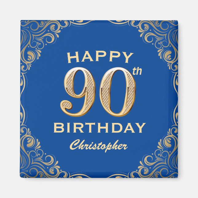 90th Birthday Party Blue and Gold Glitter Frame Magnet (Front)