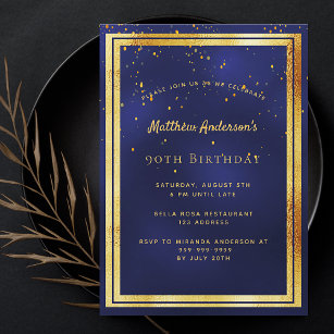 90th birthday party blue gold confetti sprinkle invitation