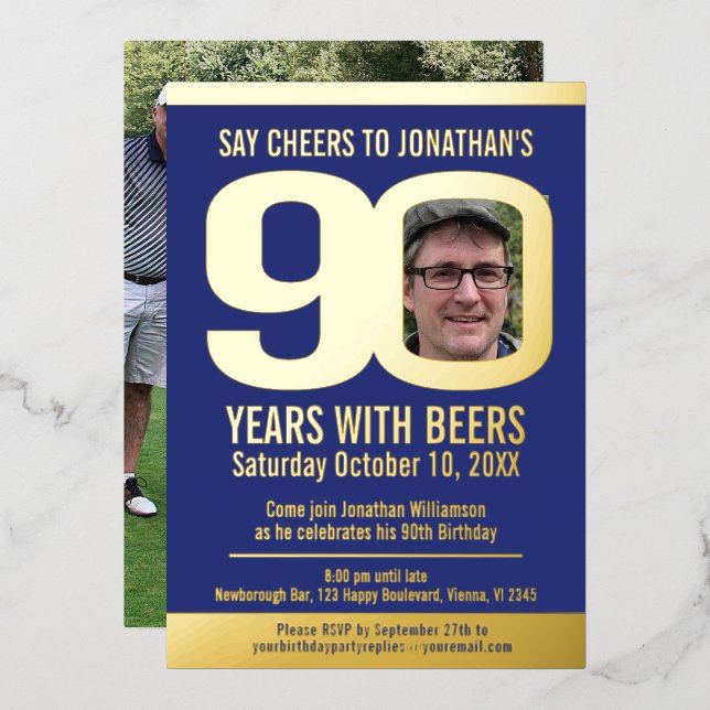 90th Birthday party blue gold foil photo beer (Front/Back)