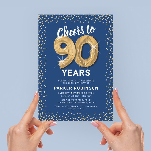 90th Birthday Party Blue Gold Invitation (Creator Uploaded)