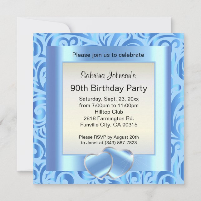 90th Birthday Party | Blue, Silver & White Verder Invitation (Back)