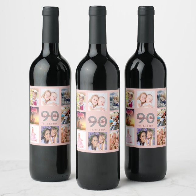 90th birthday party blush rose gold name photo wine label (Bottles)