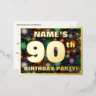 90th Birthday Party: Bold, Colourful Fireworks Loo Foil Invitation Postcard