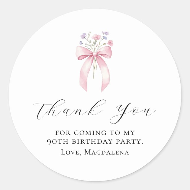 90th Birthday Party Bow Custom Thank You Favour Classic Round Sticker (Front)