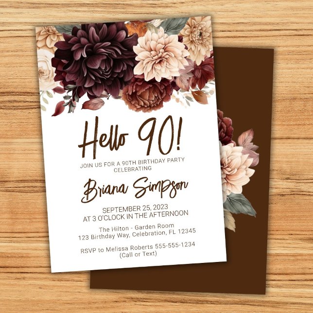 90th Birthday Party Brown Beige Flowers Floral Invitation (Creator Uploaded)