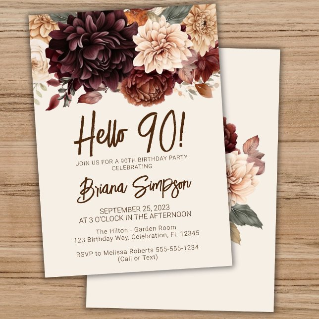 90th Birthday Party Brown Beige Ivory Floral Invitation (Creator Uploaded)
