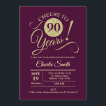 90th Birthday Party - Burgundy Gold Invitation<br><div class="desc">90th Birthday Party Invitation in dark aubergine with faux glitter gold pattern. Features trendy typography script font. Simple modern design,  perfect for an elegant party. Cheers to 90 years! Can be personalized into any age! Please message me if you need further customization.</div>