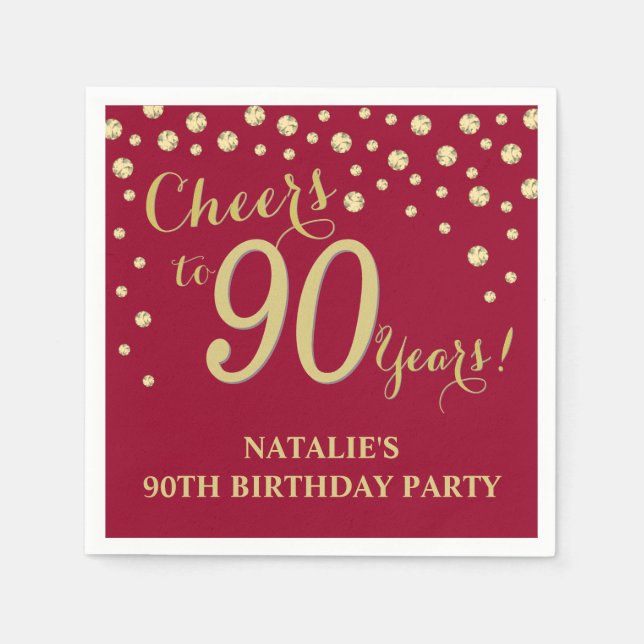 90th Birthday Party Burgundy Red and Gold Diamond Napkin (Front)