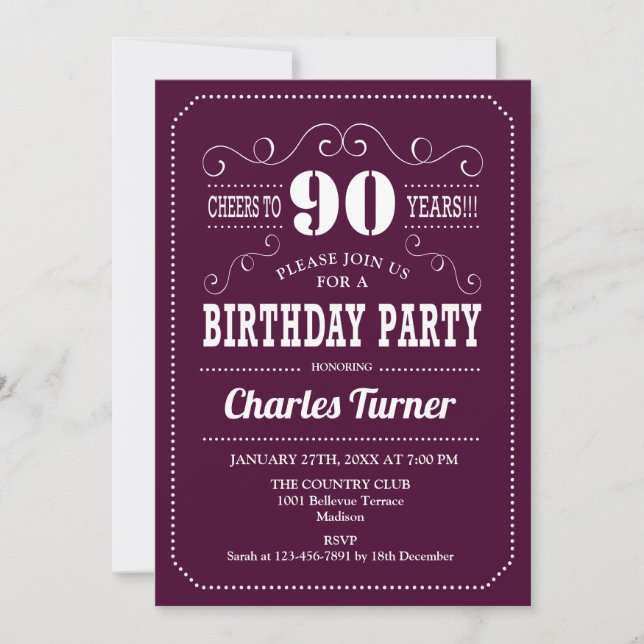 90th Birthday Party - Burgundy White Invitation (Front)