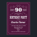90th Birthday Party - Burgundy White Invitation<br><div class="desc">90th Birthday Party Invitation.
Elegant burgundy and white retro design with script font. Cheers to 90 years! Message me if you need further customisation.</div>