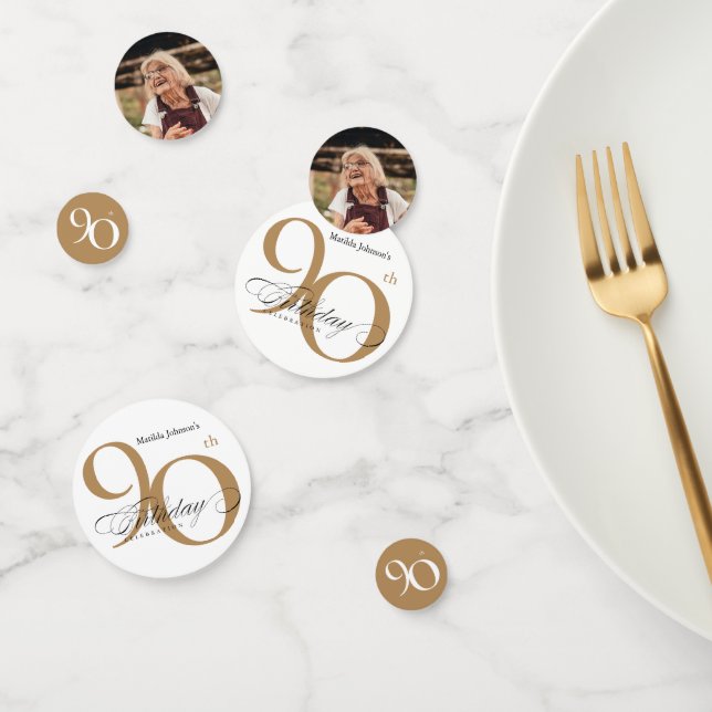 90th Birthday Party Calligraphy White Gold Elegant Confetti (Group)