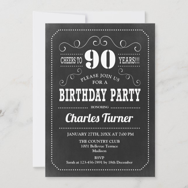 90th Birthday Party - Chalkboard Black White Invitation (Front)