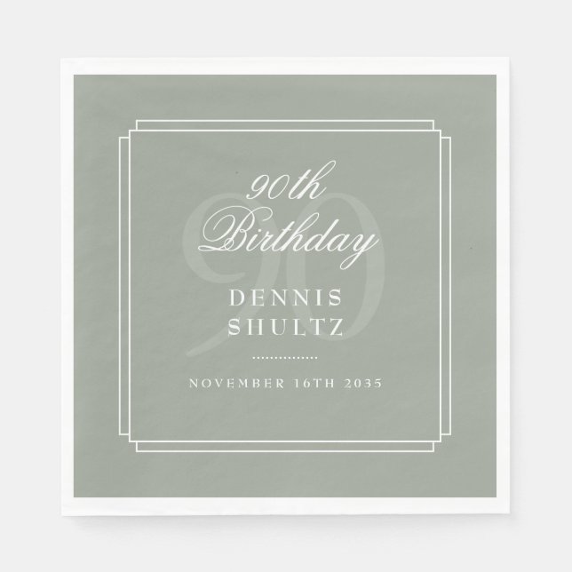 90th Birthday Party Classic Deco Sage Green Napkin (Front)