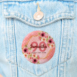90th birthday party coral gold dahlia flowers 3 cm round badge<br><div class="desc">A trendy button for a 90th birthday party. With a faux gold hexagon geometrical shaped frame. Decorated with watercolored dahlia flowers in pink, cream and coral. Living coral with polka dots as background. Templates for a name, age 90 and a date. Date of birth or date of the party. Burgundy...</div>