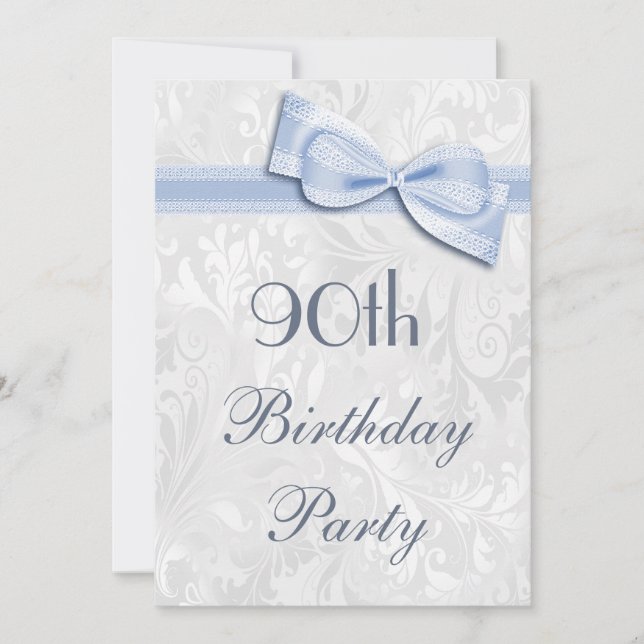 90th Birthday Party Damask and Faux Bow Invitation (Front)