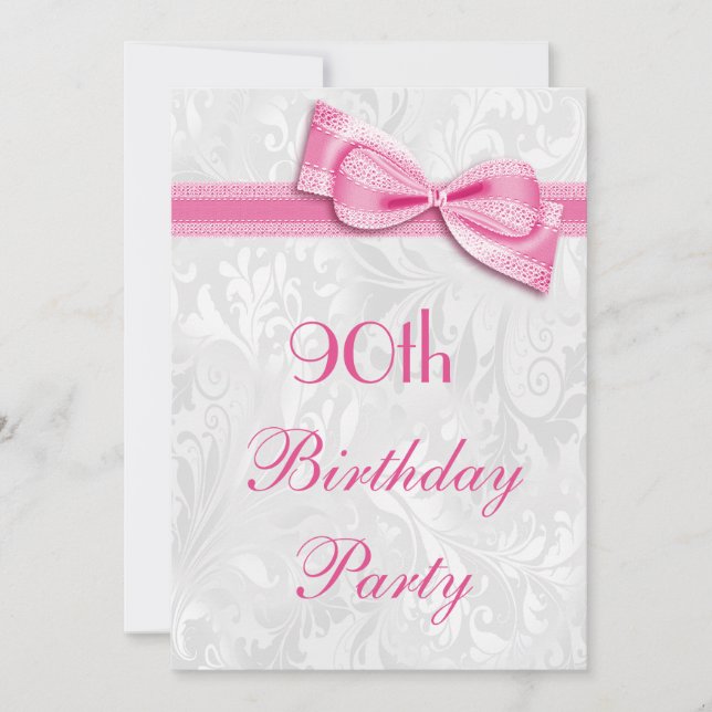 90th Birthday Party Damask and Pink Faux Bow Invitation (Front)