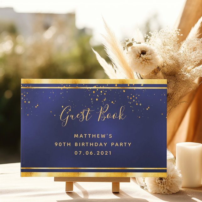 90th Birthday Party dark blue gold confetti Guest Book (Creator Uploaded)