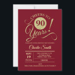 90th Birthday Party - Dark Red Gold Invitation<br><div class="desc">90th Birthday Party Invitation in dark red with faux glitter gold pattern. Features trendy typography script font. Simple modern design,  perfect for an elegant party. Cheers to 90 years! Can be personalised into any age! Please message me if you need further customisation.</div>