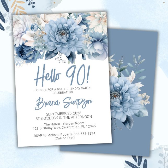 90th Birthday Party Dusty Blue Floral Invitation (Creator Uploaded)