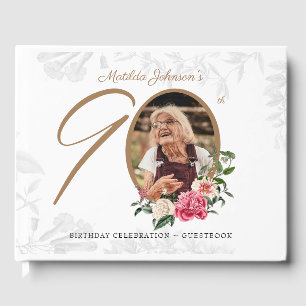 90th Birthday Party Elegant Floral Botanical Photo Guest Book