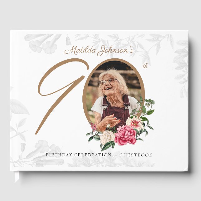 90th Birthday Party Elegant Floral Botanical Photo Guest Book (Front)