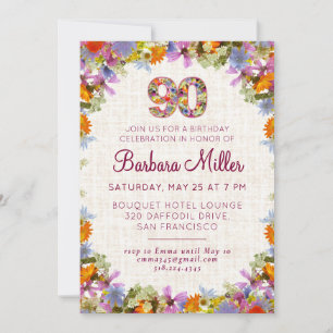 90th Birthday Party – Elegant Floral Design Linen Invitation