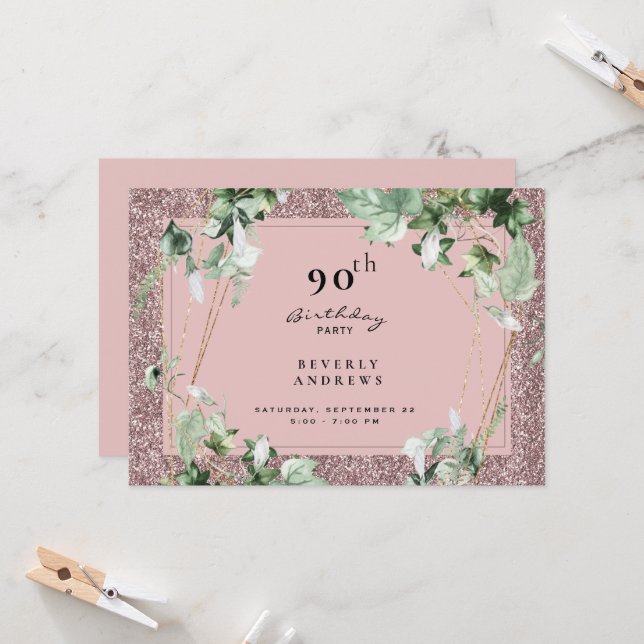 90th Birthday Party Elegant Foliage Pink Glam Invitation (Front/Back In Situ)