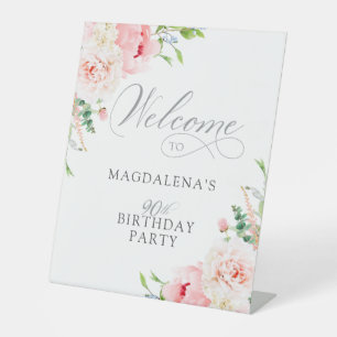 90th Birthday Party Elegant Pink Floral Welcome Pedestal Sign