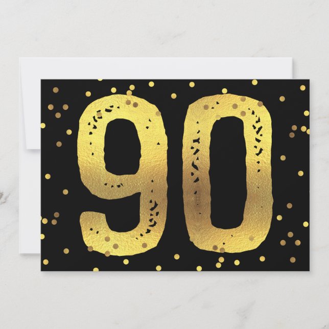 90th Birthday Party Faux Gold Foil Confetti Black Invitation (Front)