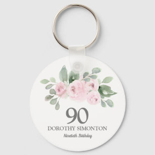 90th Birthday Party Favour Pink Rose Eucalyptus Key Ring