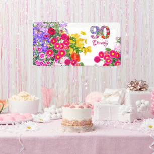 90th Birthday Party Floral Flowers Modern 90 Years Banner