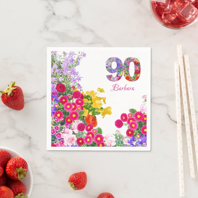 90th birthday Party Floral Flowers Modern 90 Years Napkin (Insitu)