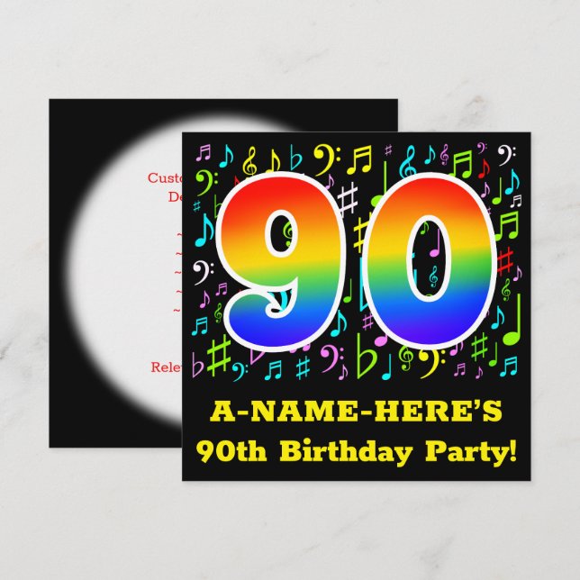 90th Birthday Party: Fun Music Symbols, Rainbow 90 Invitation (Front/Back)