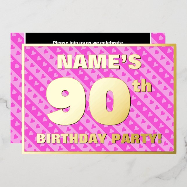90th Birthday Party — Fun Pink Hearts and Stripes (Front/Back)