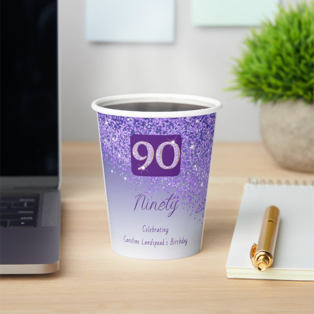 90th Birthday Party Gleaming Purple Glitter Paper Cups (Insitu)