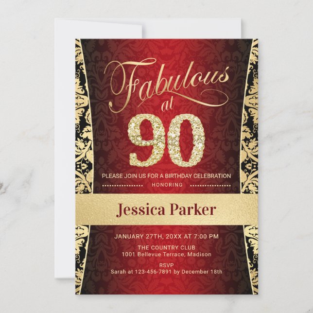 90th Birthday Party - Gold Black Red Invitation (Front)