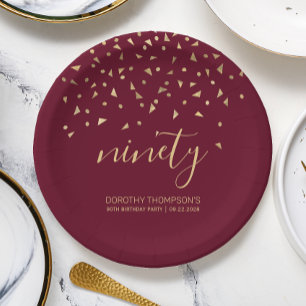 90th Birthday Party Gold Confetti Burgundy Paper Plate