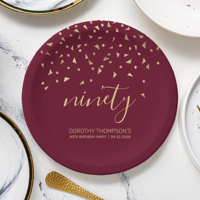 90th Birthday Party Gold Confetti Burgundy Paper Plate (Creator Uploaded)