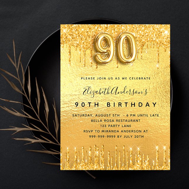 90th birthday party gold glitter drips luxury invitation (Creator Uploaded)