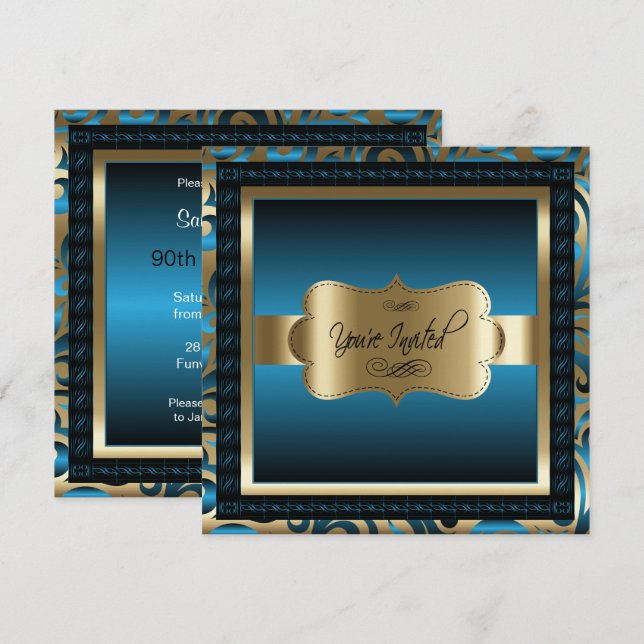 90th Birthday Party | Gold & Metallic Blue Invitation (Front/Back)